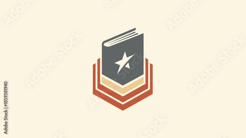 A stylized logo depicts a book with a star icon on a layered hexagonal structure