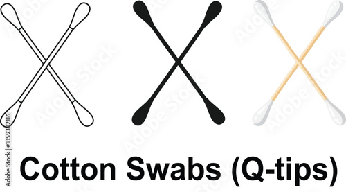 Collection of three cotton swabs outline silhouette and realistic styles isolated on white background for hygiene and beauty concepts
