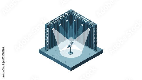 Isometric stage with microphone and spotlights for events and performances