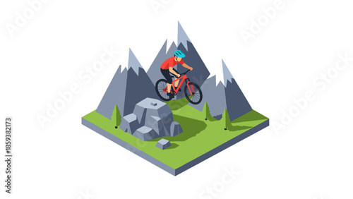 Isometric mountain biking adventure in scenic landscape