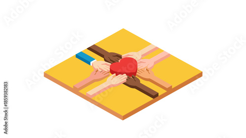 Diverse hands holding heart symbolizing unity and compassion in isometric design