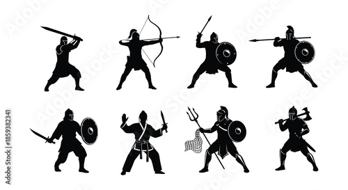 Ancient warriors in silhouette archers swordsmen and spearmen in battle formation
