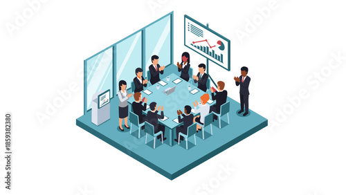 Diverse team in a business meeting discussing growth strategy in isometric style