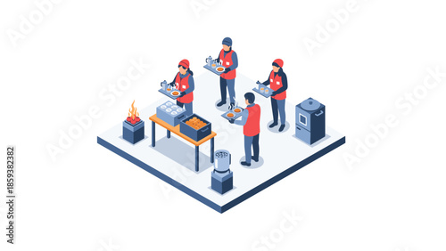 Isometric outdoor barbecue scene with chefs and grilling equipment