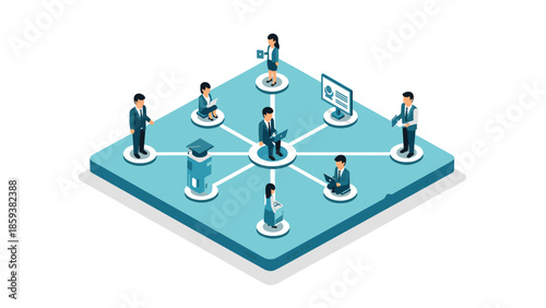 Isometric teamwork network concept with business professionals on a digital platform