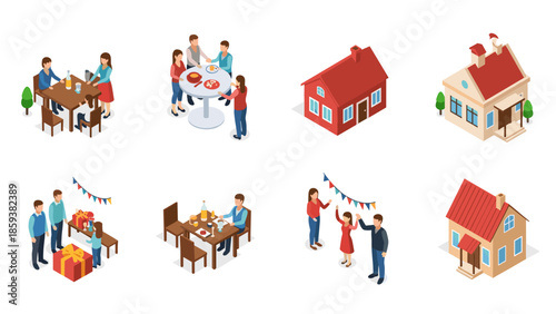 Isometric family gathering scenes with homes and dining activities for celebration concepts