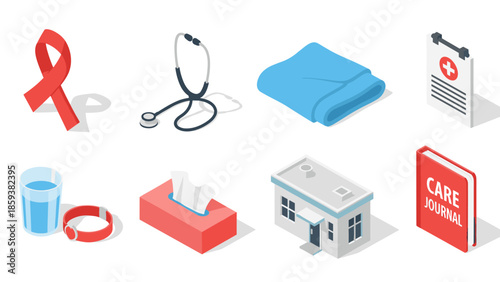 Isometric medical and healthcare icons featuring red ribbon and clinic building