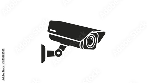 A black and white illustration of a surveillance camera, mounted on a white background