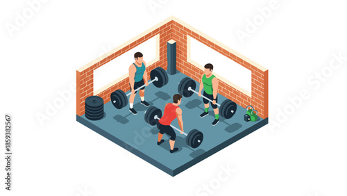 Isometric gym scene with people lifting weights in a brick wall room