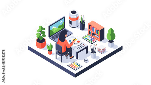 Creative workspace isometric art: artist painting in modern studio environment