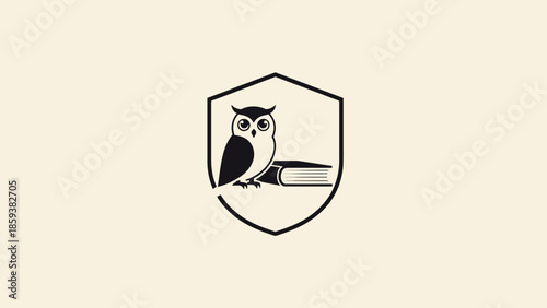 A black and white emblem of an owl perched on a book within a shield on a cream backdrop