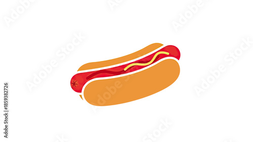 Illustrated hot dog in bun with mustard on white background. Simple graphic