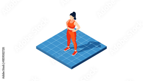 Isometric fitness woman on blue grid tile in athletic pose