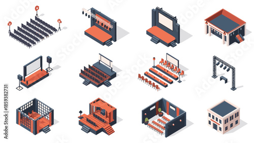 Isometric event venue set with stages and seating arrangements