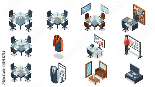 Isometric office furniture and meeting room elements with business graphics