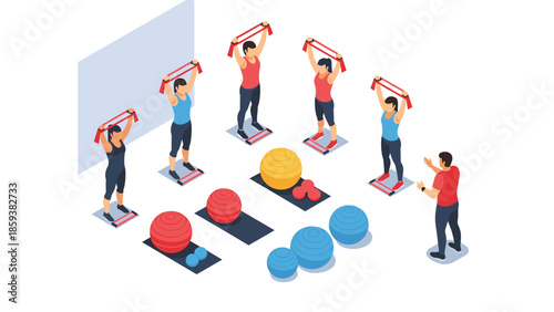 Isometric gym class with resistance bands and balance balls