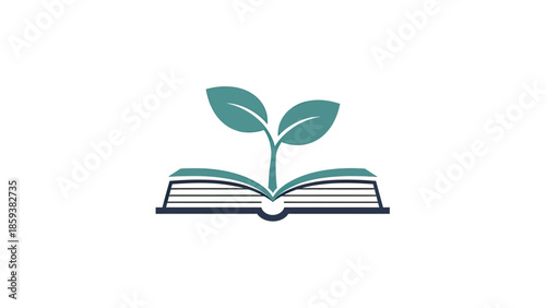 A green plant sprouts from an open book illustration, symbolic of education and growth