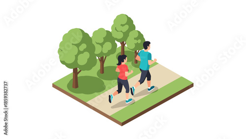 Isometric fitness jogging scene with couple running in park