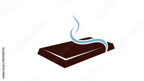 A dark chocolate bar with blue swirling smoke above. Minimalist design on a white background