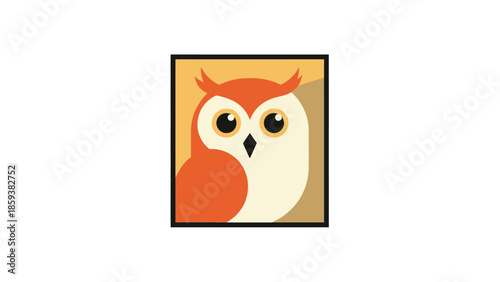 A stylized owl illustration within a square frame. The owl is in warm colors