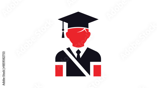 Red and black minimalist illustration of a graduate in academic attire