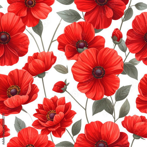 Wallpaper Mural Vibrant Poppy Field: A seamless pattern of lush, red poppies blooms, their delicate petals and intricate details showcasing nature's beauty and serenity. Torontodigital.ca