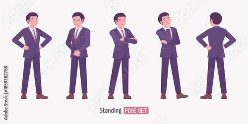 Stylish asian businessman in formal suit standing pose set. Male top manager elegant office interview outfit business look, mens fashion, confident executive. Vector flat style cartoon illustration