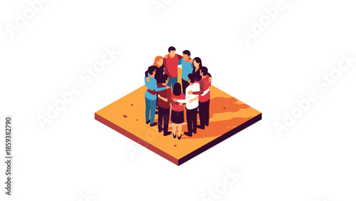 Diverse team embracing in unity on orange platform in isometric style