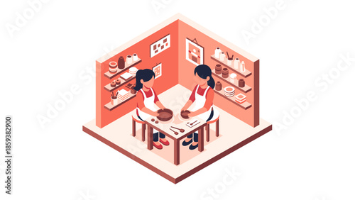 Creative pottery class in isometric style featuring two people crafting clay in studio