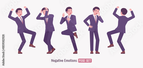 Stylish asian businessman in formal suit negative emotions pose set. Male top manager elegant office interview outfit business look, angry confident executive. Vector flat style cartoon illustration