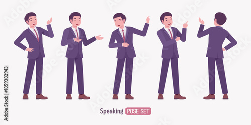 Stylish asian businessman in formal suit speaking pose set. Male top manager elegant office interview outfit business look, mens fashion, confident executive. Vector flat style cartoon illustration