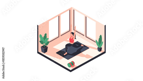 Isometric yoga scene with woman practicing indoors surrounded by plants