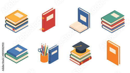 Stylish isometric books and stationery icons for education and learning themes
