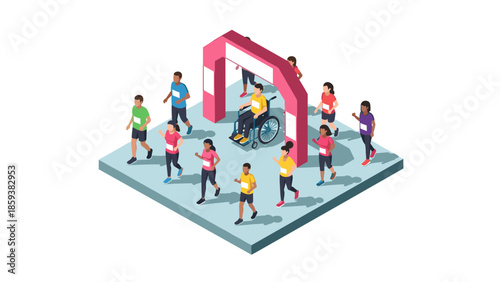 Diverse runners and wheelchair race participants in isometric style