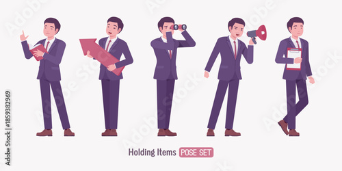 Stylish asian businessman in formal suit holding items pose set. Male top manager elegant office interview outfit business look, fashion, confident executive. Vector flat style cartoon illustration