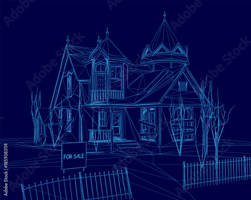 An abandoned house blueprint with a for sale sign stands before trees and a fence, rendered in a deep blue wireframe style.