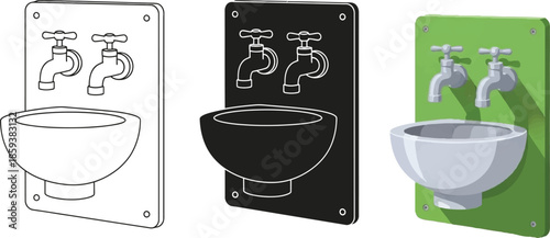 Set of double faucet sink icons flat design elements for plumbing and hygiene concepts isolated on white background