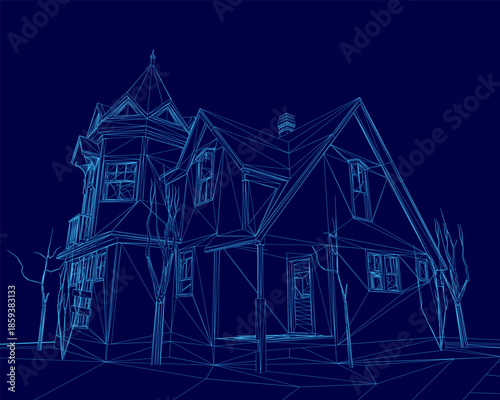 An abandoned house blueprint wireframe on a dark blue background, surrounded by stylized trees.
