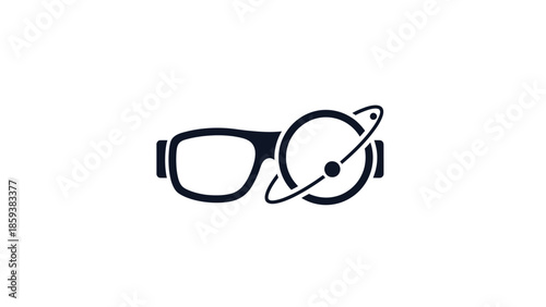 Black and white optical illustration of glasses with a circular, science-themed element