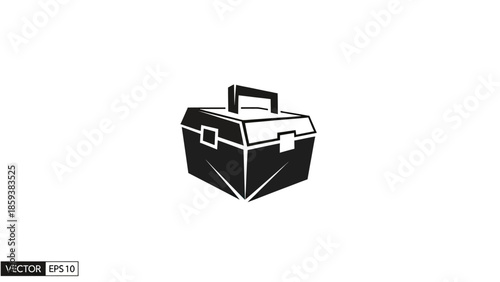 A simple, black tool box icon. Angular design with handle and fasteners on a white background