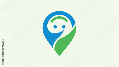 A stylized smiling face, incorporating a map pin shape with blue, green, and white