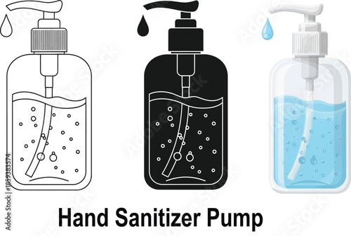 Set of hand sanitizer pump icons in outline silhouette and color vector styles representing hygiene and cleanliness for health and safety concepts isolated on white