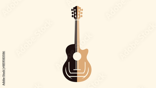 An abstract, symmetrical guitar illustration in earth tones against a neutral background