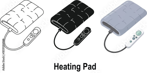 Collection of heating pad icons including outline silhouette and color versions with controllers ideal for medical or comfort-related concepts
