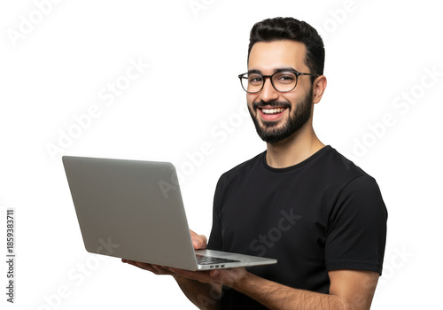 Smiling man with glasses holding a laptop isolated on transparent background