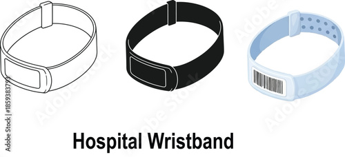 Collection of hospital wristbands including outline silhouette and barcode designs for medical identification and patient tracking concepts
