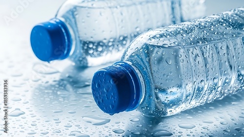 Two cold plastic water bottles resting on a wet surface closeup