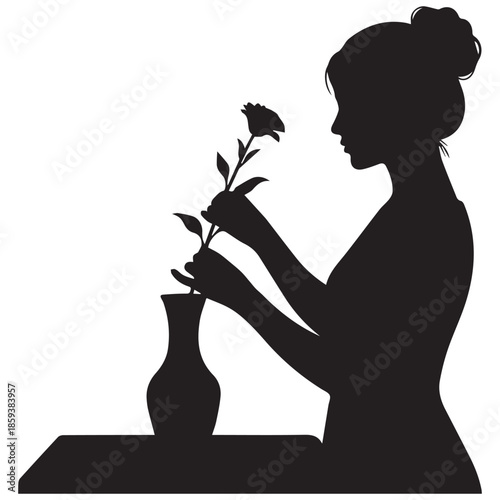 Woman putting flower in vase on table