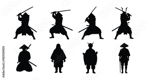 Silhouettes of samurai warriors and traditional japanese figures in black