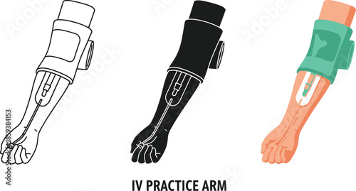 Set of IV practice arm illustrations showing medical training equipment for intravenous infusion in outline silhouette and color vector styles